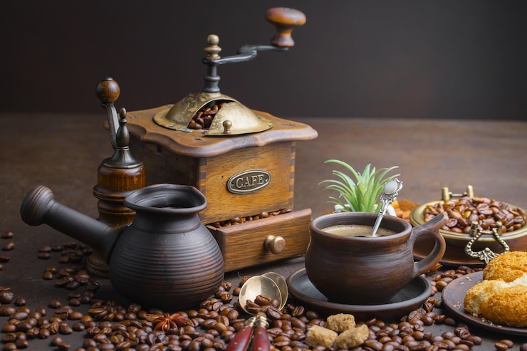 Photo coffee in a cup on an old background