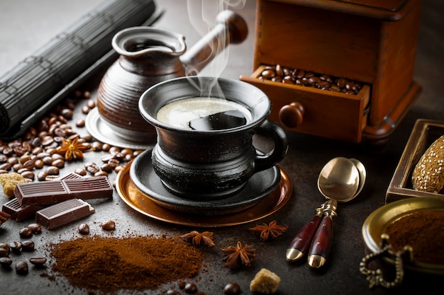 Coffee in a cup on an old surface