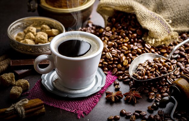 Coffee in a cup on an old surface