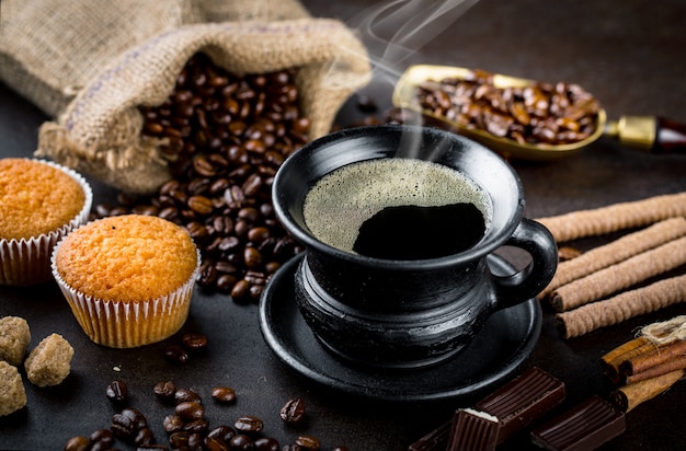 Coffee in a cup on an old surface