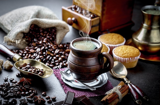 Coffee in a cup on an old surface