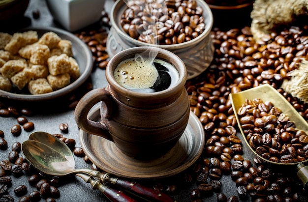 Coffee in a cup on an old surface