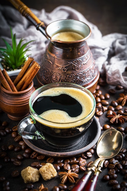 Coffee in a cup on an old surface