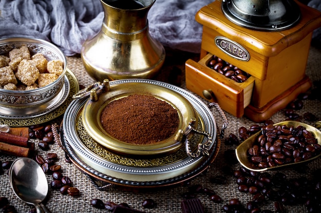 Coffee in a cup on an old table.