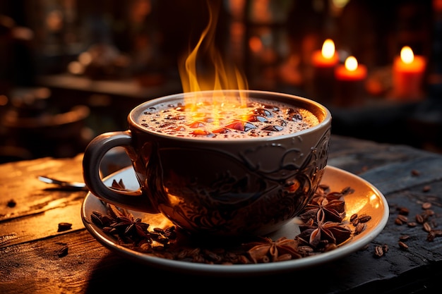 coffee in the cup on the old wooden table