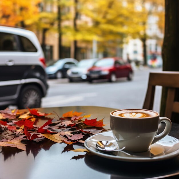 Фото Кофейная чашка на столе с осенними листьями на заднем плане