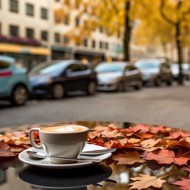 Фото Кофейная чашка на столе с упавшими листьями на заднем плане