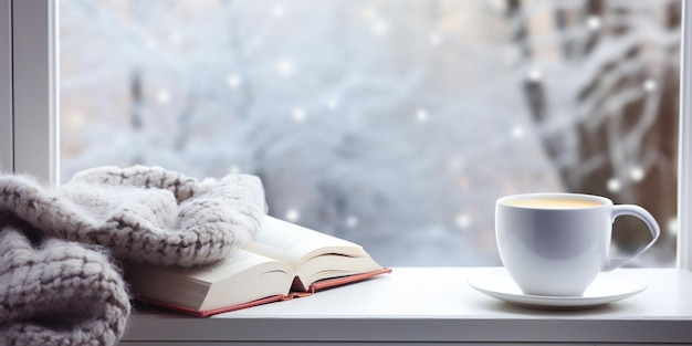 Coffee cup open book marshmallow and plaid on a window sill in winter Concept war Generative AI