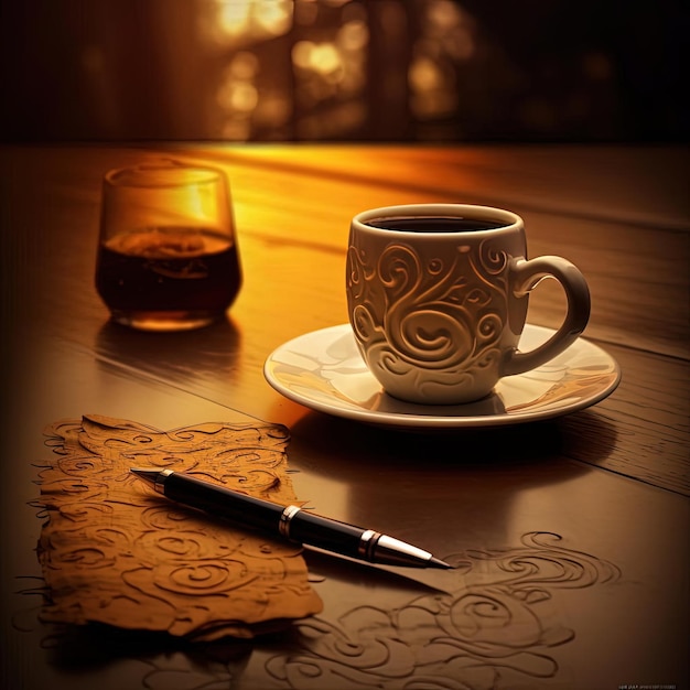 coffee cup and pen on the table