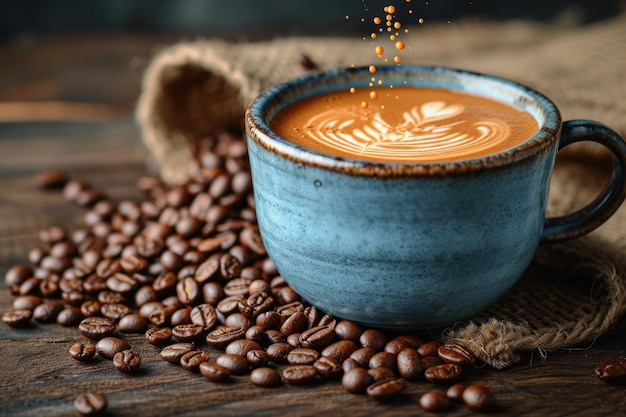 Coffee cup on pile of beans