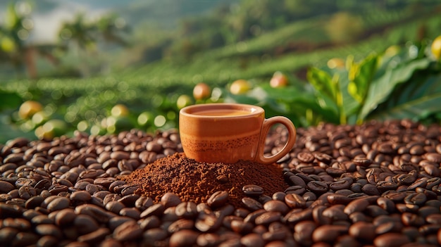 Coffee Cup on Pile of Coffee Beans