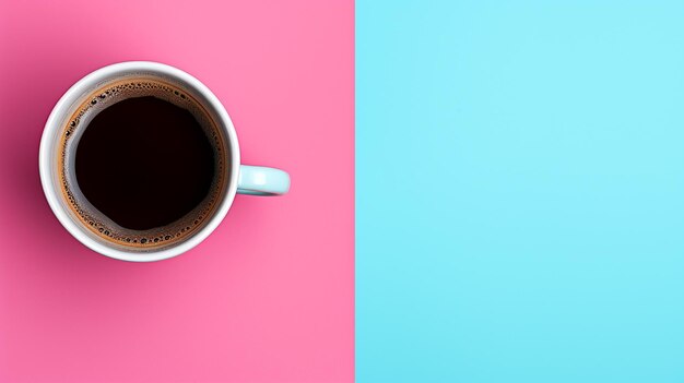 Coffee cup on pink and blue background flat lay awardwinning