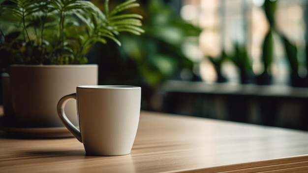 A Coffee Cup and Plant Adorn a Table in a Cozy Coffee Shop Studio Interior