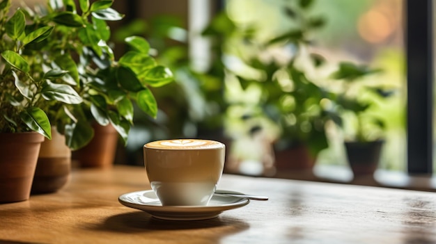 A Coffee Cup and Plant Adorn a Table in a Cozy Coffee Shop Studio Interior