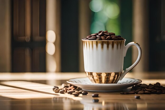 コーヒーカップのプレゼンテーションは高級なフランスの城の背景で行われます