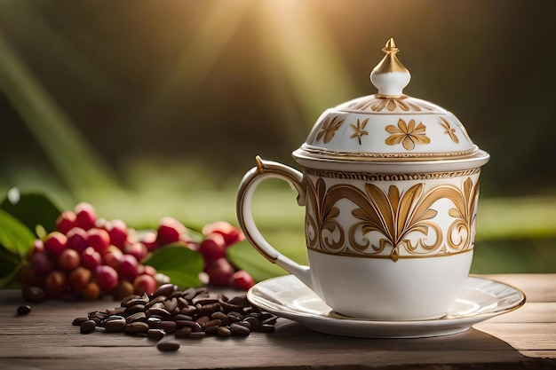 coffee cup presentation in a classy french castle background