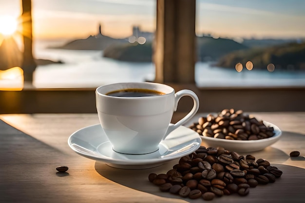 coffee cup presentation in a classy french castle background