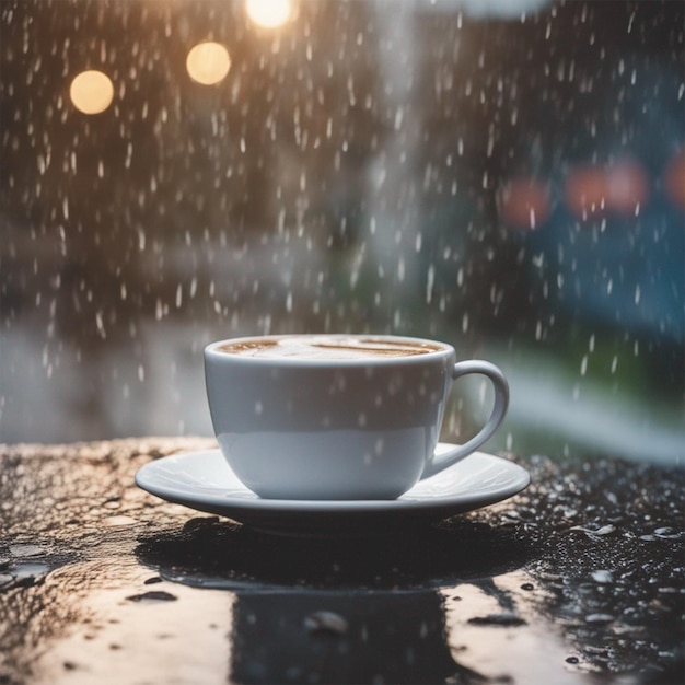 Coffee cup in rain ai generated