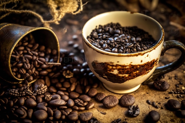 Coffee cup on roasted coffee beans and grains background