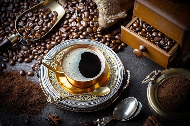 Coffee in a cup and saucer on an old background