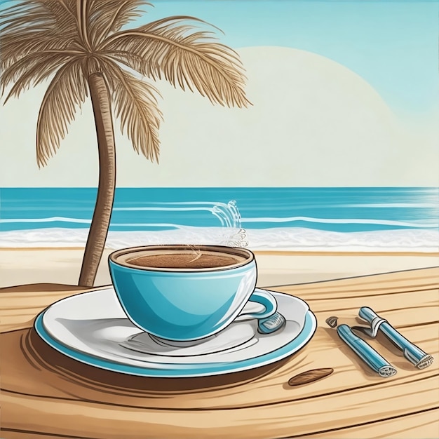 A coffee cup and saucer on a table with a palm tree on the beach to celebrate world coffee day