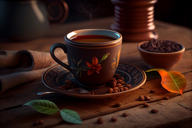 Coffee in a cup and saucer on a wooden backgroundgenerative ai