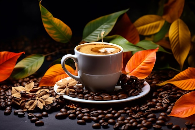 Coffee cup and saucer on a wooden table Dark background