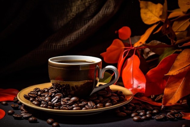 Coffee cup and saucer on a wooden table Dark background