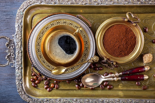 Photo coffee in a cup and saucer