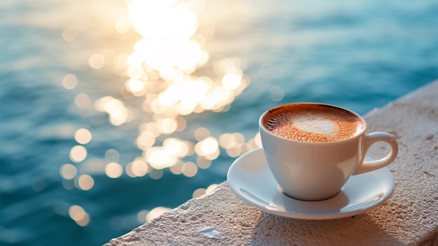 Foto una tazza di caffè con vista sul mare sullo sfondo un'atmosfera romantica