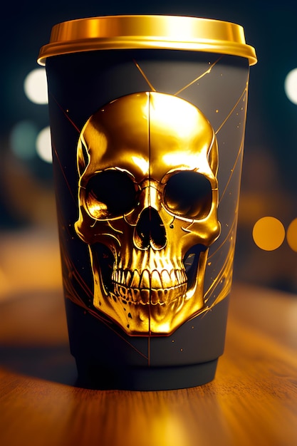 кофейная чашка в форме золотого черепа, стоящая на столе, золотое сечение, созданное искусственным интеллектом