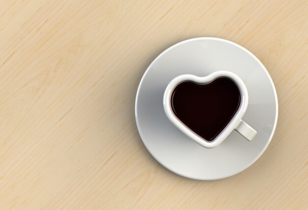 Coffee cup shape heart on wood table