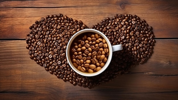 Coffee cup shape made in roasted coffee beans on wood