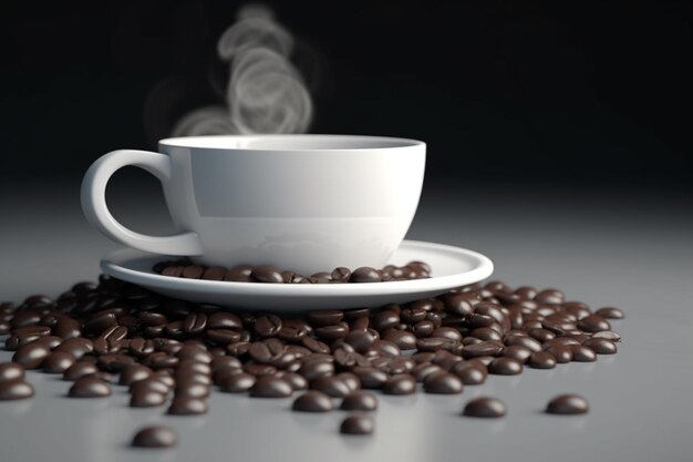 Кофейная чашка стоит на куче кофейных зерен.