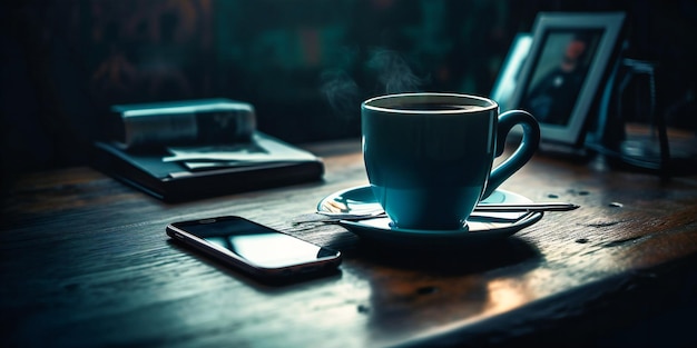 A coffee cup sitting on a wooden table beside a laptop and smartphone