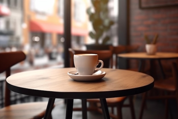 A coffee cup on a small table in a cafe with a window in the background.