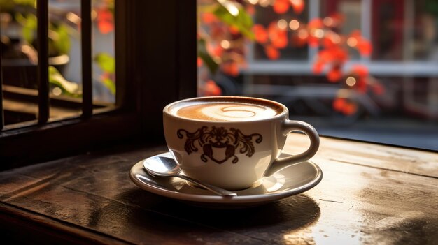 Coffee cup stands out in a softfocused cafe backdrop