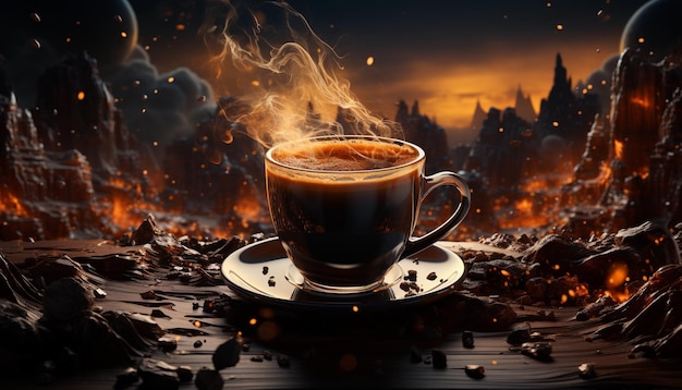 コーヒー カップと暗い背景の 3 d レンダリング上の蒸気