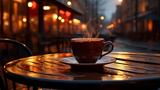 夕方の通りのベンチに置かれたコーヒーカップのai画像生成