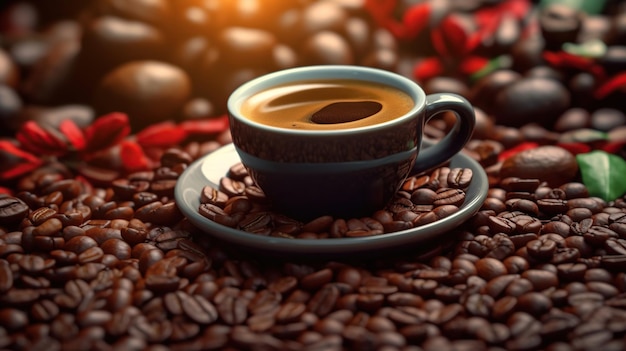コーヒー豆に囲まれたコーヒーカップ 生成AI