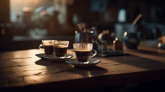 Foto coppa di caffè sul tavolo di un bar interno con sfondo sfocato