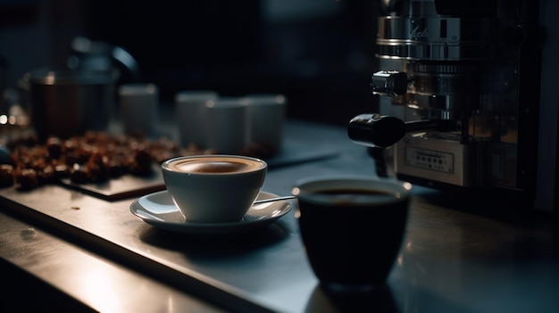 Foto coppa di caffè sul tavolo di un bar interno con sfondo sfocato