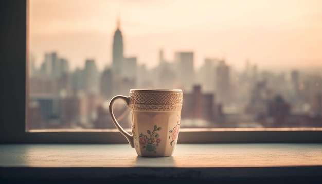 Coffee cup on table cityscape outside window urban relaxation generated by AI