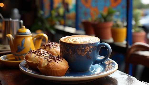 테이블 위에 있는 커피 컵은 인공지능에 의해 생성된 신선한 맛있는 음료의 클로즈업입니다.