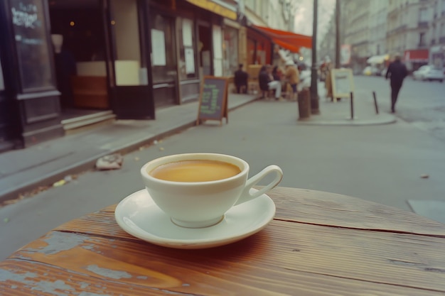 Coffee cup on table outdoors in pastel colors Vintage retro style sidewalk cafe scene