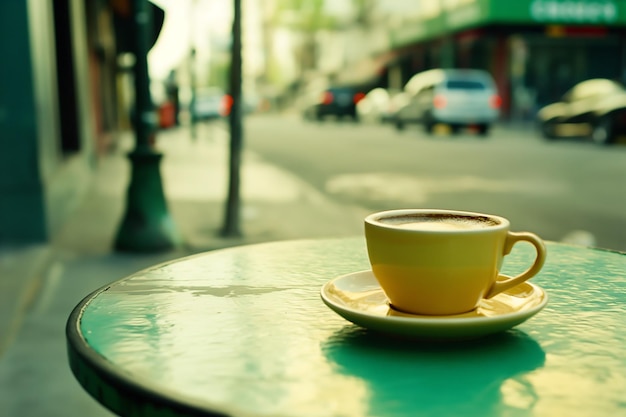 Coffee cup on table outdoors in pastel colors Vintage retro style sidewalk cafe scene