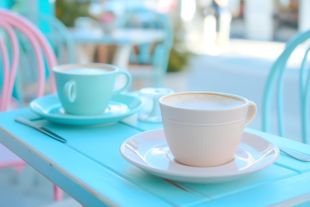 Coffee cup on table outdoors in pastel colors Vintage retro style sidewalk cafe scene