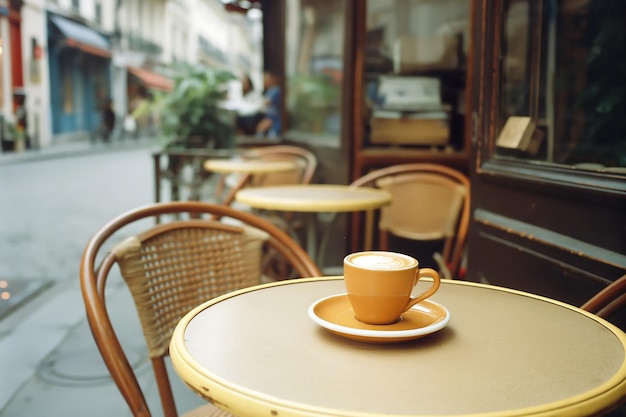 바에서 테이블 위에 있는 커피 컵 파스텔 색상 빈티지 레트로 스타일의 보행자 카페 장면