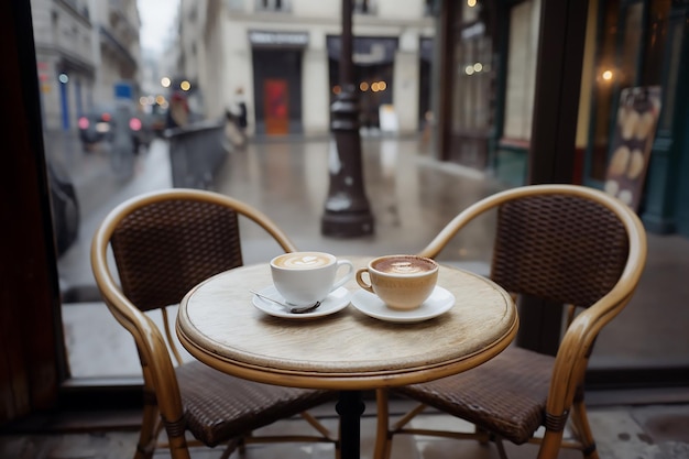 Coffee cup on table outdoors in pastel colors Vintage retro style sidewalk cafe scene