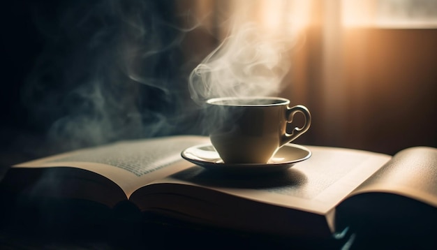 Coffee cup on table steam rising reading generated by AI